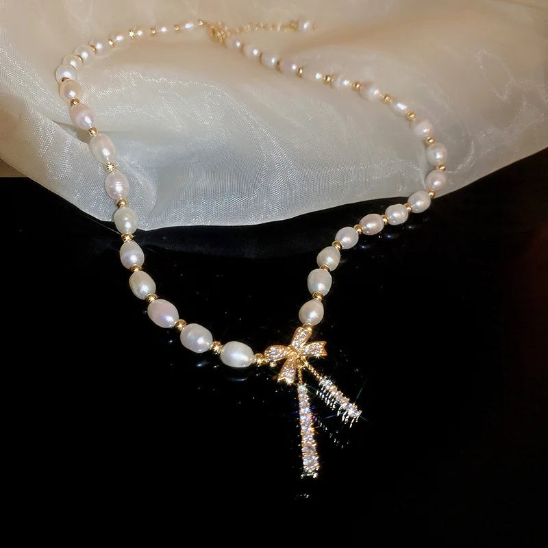 100% Natural Freshwater Pearl 14K Gold Filled Trendy Shiny CZ Zircon Bowknot Female Necklace Jewelry For Women Chains Gifts