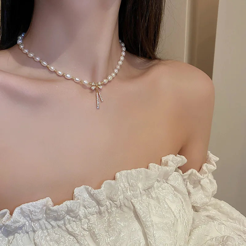 100% Natural Freshwater Pearl 14K Gold Filled Trendy Shiny CZ Zircon Bowknot Female Necklace Jewelry For Women Chains Gifts